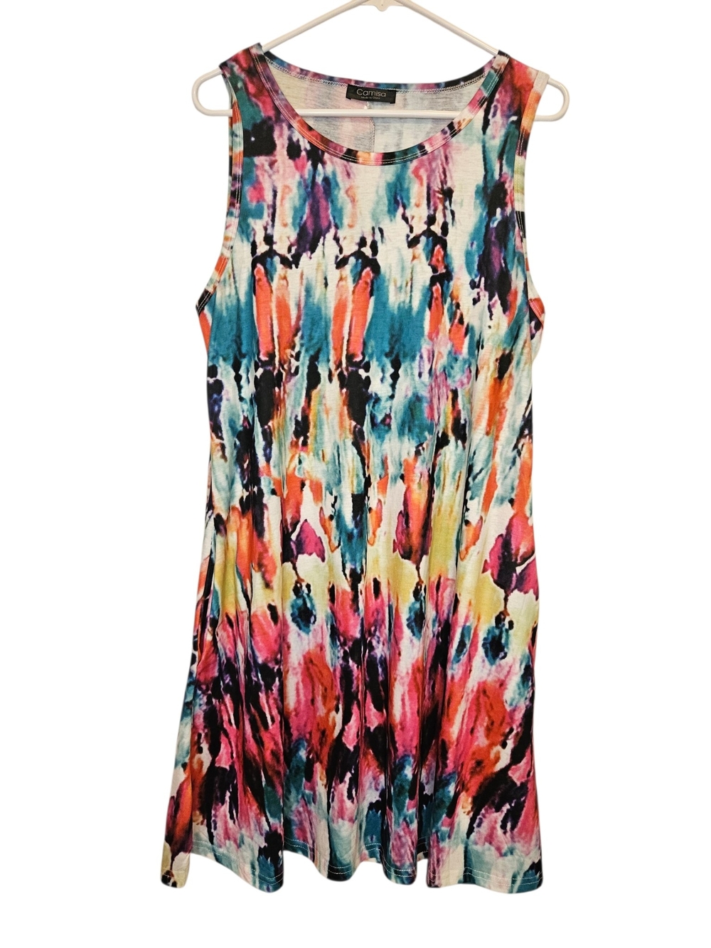 Multicolor Abstract Print Sleeveless Mini Dress Coverup With Pockets Casual